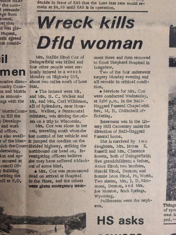 Wreck kills Daingerfield Woman-July 9, 1970