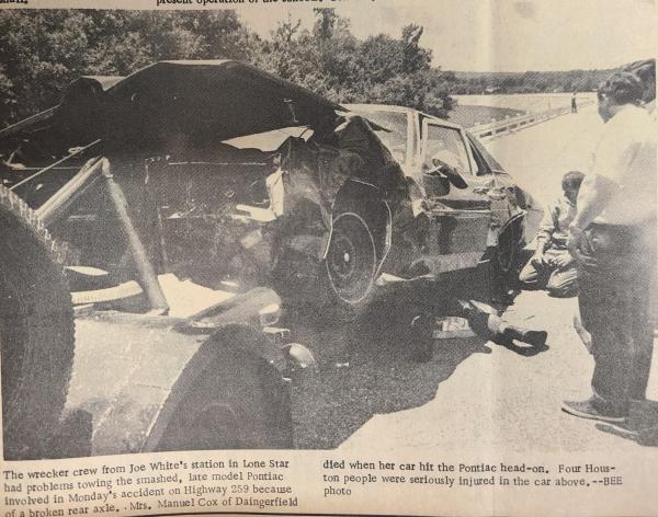 The late model Pontiac was hit head on by a vehicle driven by Mrs. Manuel Cox of Daingerfield. Mrs. died in the crash