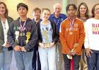 8th grade team: (Front row) Director of Curriculum Angie Reader, Esteban Alejo 2nd place, Taylor Spafford, Elijah George 3rd place, Superintendent Lesia Lewis. (Back row) Coach Mary Davis, Coach JD Davis, Principal Stephanie Duke (Not pictured: Alexis Gon 8th grade team: (Front row) Director of Curriculum Angie Reader, Esteban Alejo 2nd place, Taylor Spafford, Elijah George 3rd place, Superintendent Lesia Lewis. (Back row) Coach Mary Davis, Coach JD Davis, Principal Stephanie Duke (Not pictured: Alexis Gon
