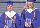 Pewitt Valedictorian Richard Macon Williamson, III (left) joins Calli Jo Osmon after the two were named Paul H. Pewitt Award winners for the class of 2021. The pair was recognized at graduation ceremonies held May 29 at Brahma Stadium. BEE PHOTO / TONI WA “Be great, do the work, and trust thyself”