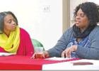 BEE PHOTO / TRISHA CAREY Angela Johnson, left, looks on as Sherrye Willis speaks to a gathered group of ministers on Feb. 8. Willis is the Founder and President of Alliance for Greater Works out of Dallas, and both ladies are working with the Morris Count Article Image Alt Text
