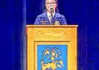Daingerfield FFA member Arryanna Evans at the podium performing her duties as the District FFA President at the Daingerfield District FFA Convention.